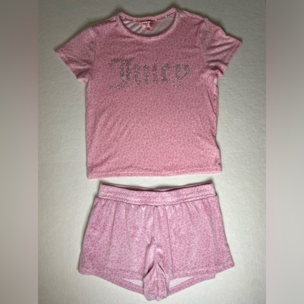 Juicy Couture 2Pc Velour Pajama Pink Cheetah Shorts TShirt Set‎ medium